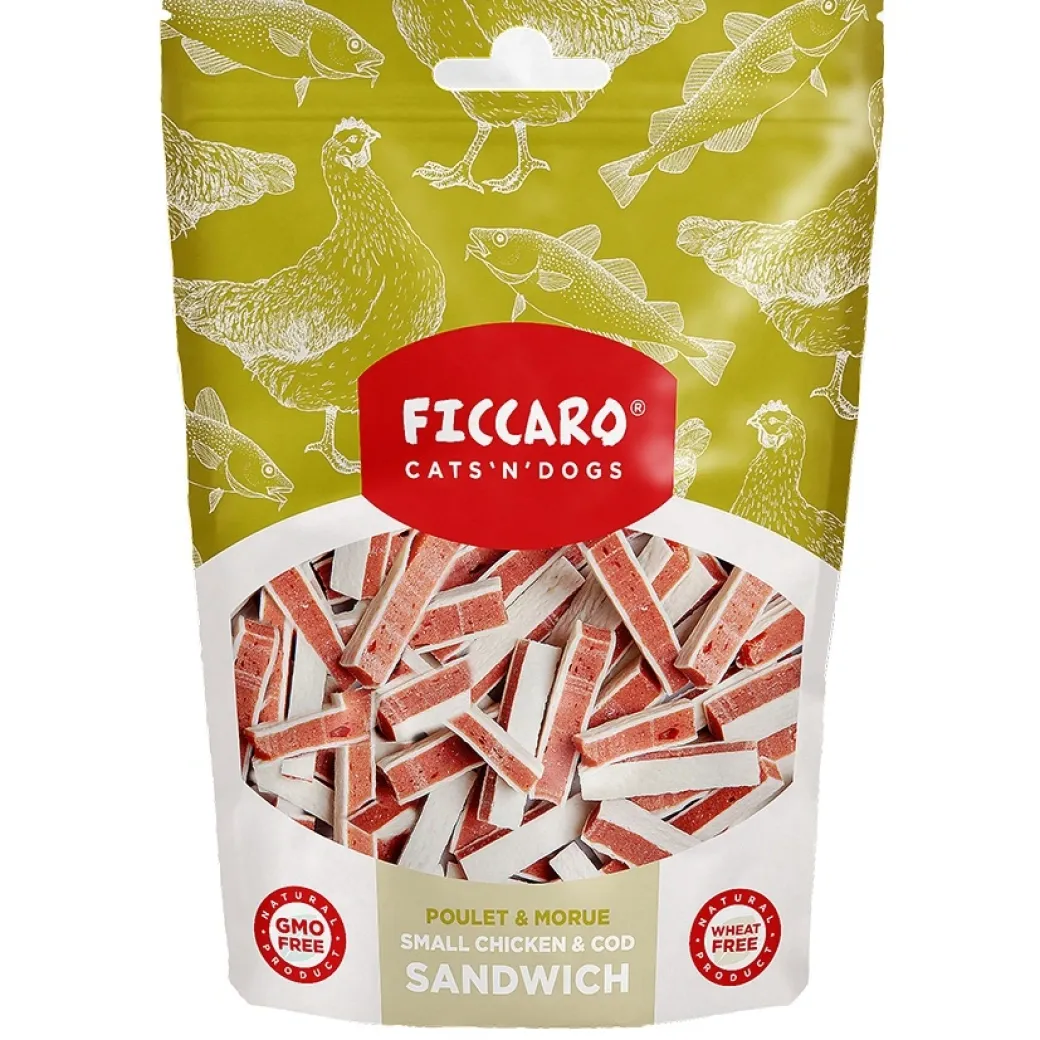 FICCARO Hundesnack Kylling & Torsk Sandwich Small - små sandwichstykker 100 g