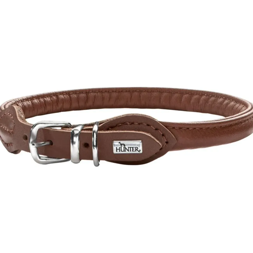 Hunter rundsyet halsbånd okselæder brun 50 cm - justering 41-46 cm skånsom komfort til store hunde